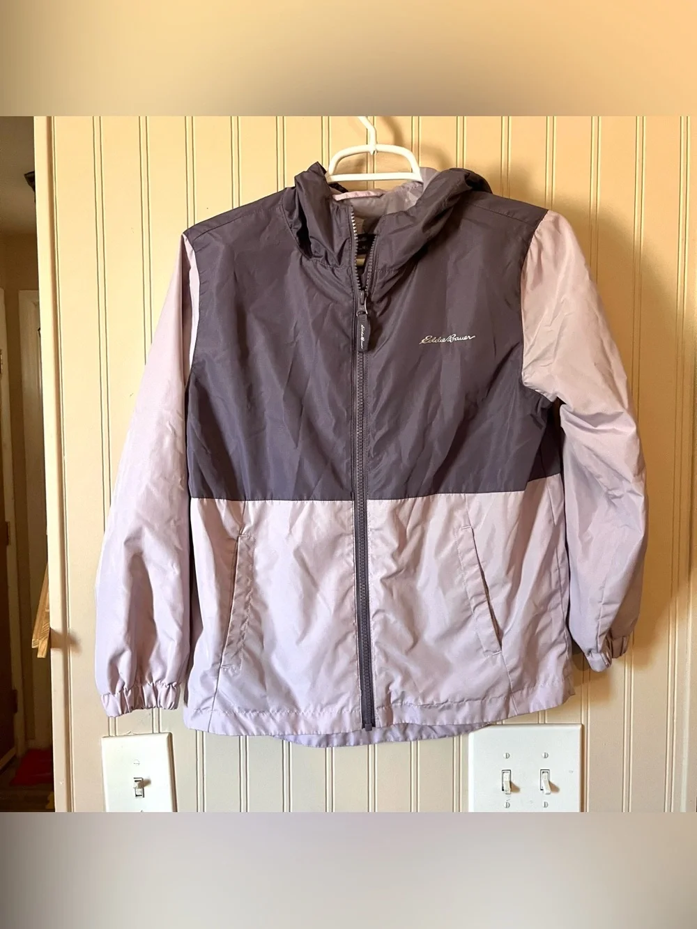 Eddie Bauer Two-Tone Hooded Windbreaker Jacket - Gray & Light Pink Medium kids